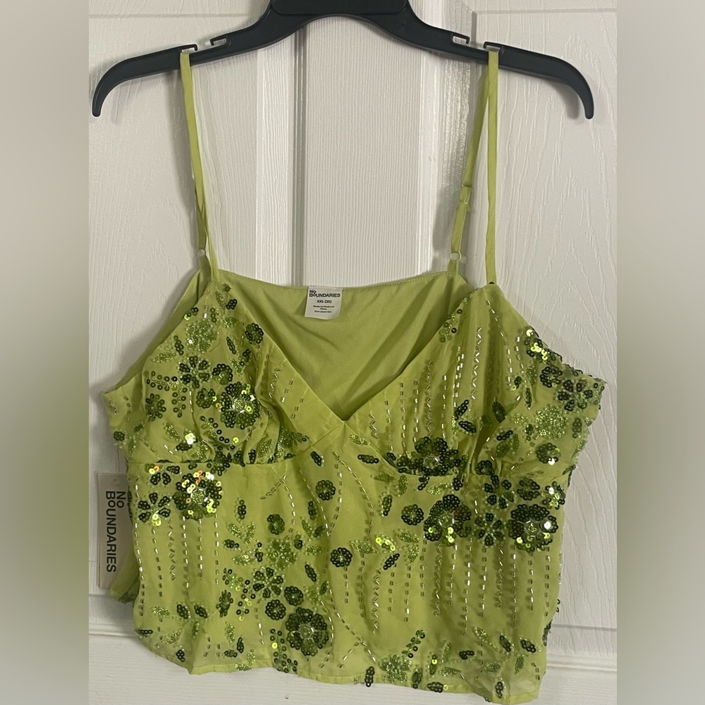 NWT No Boundaries Embellished Sequin Beaded Floral Cami Top XXL 20 Lime Green - Picture 7 of 10